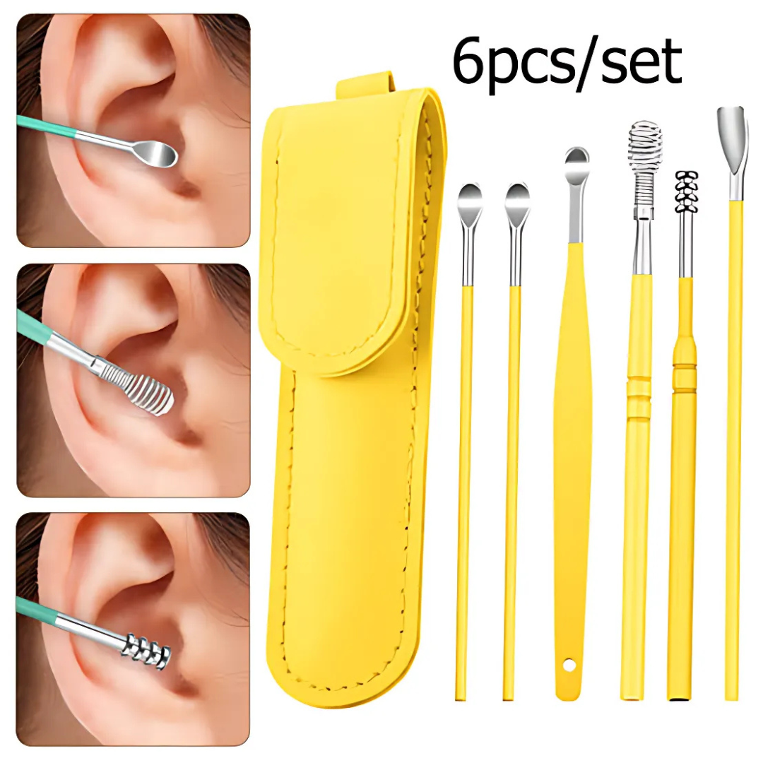 6 Pcs Ear Wax Cleaning Kit 👂 | Stainless Steel Ear Pick Tool Set with Keychain Pouch (Random Color) - Image 2